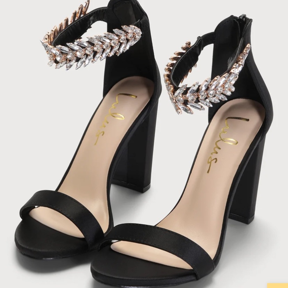 Black satin rhinestone ankle strap heels
